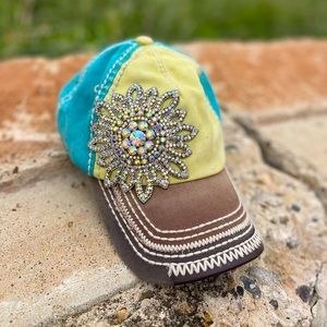 Rhinestone Flower Turquoise Yellow Brown Ball Cap Hat